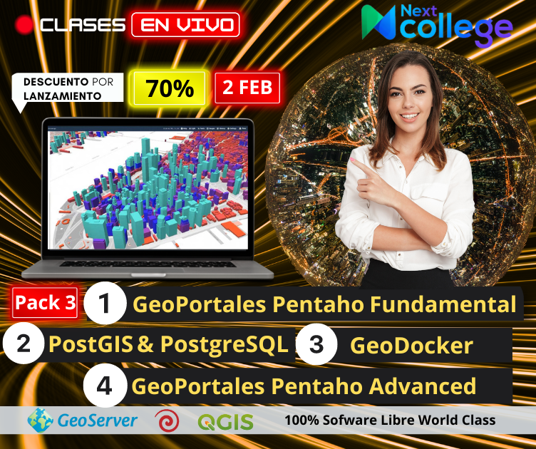 Pack 3 (Geo Portales con Pentaho Fundamental +PostGIS & PostgreSQL + Geo Portales con Pentaho Avanzado + GeoDocker)